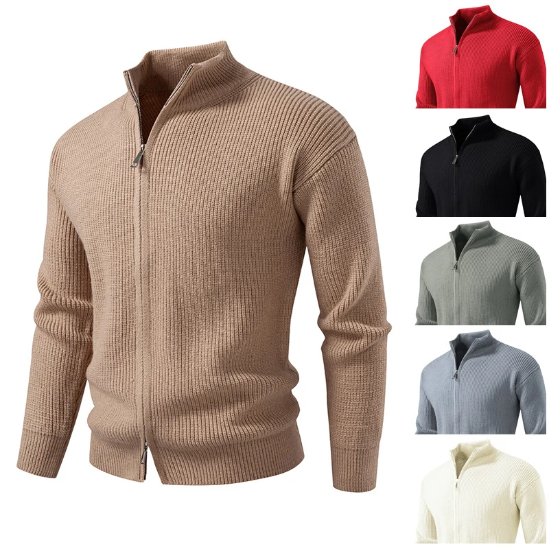 Herren Grobgerippter Zip-Cardigan mit hohem Schlauchkragen und verdeckter Naht Drune