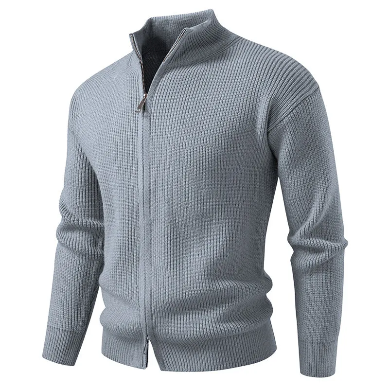 Herren Grobgerippter Zip-Cardigan mit hohem Schlauchkragen und verdeckter Naht Drune