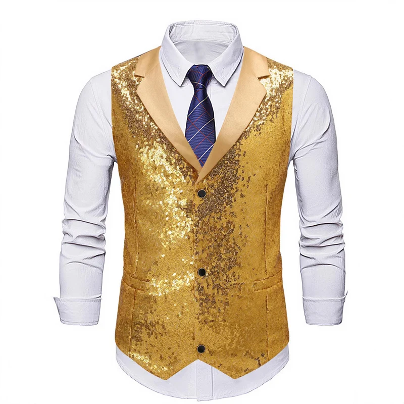 Herren Glänzende Pailletten‑Weste mit Satin‑Revers und taillierter Silhouette Drune