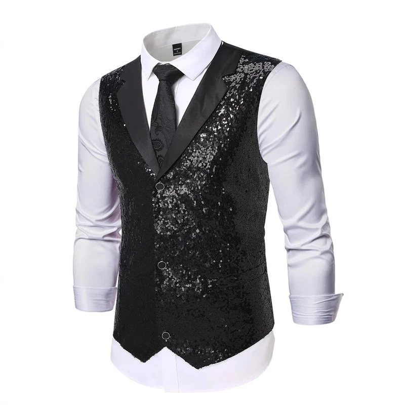 Herren Glänzende Pailletten‑Weste mit Satin‑Revers und taillierter Silhouette Drune