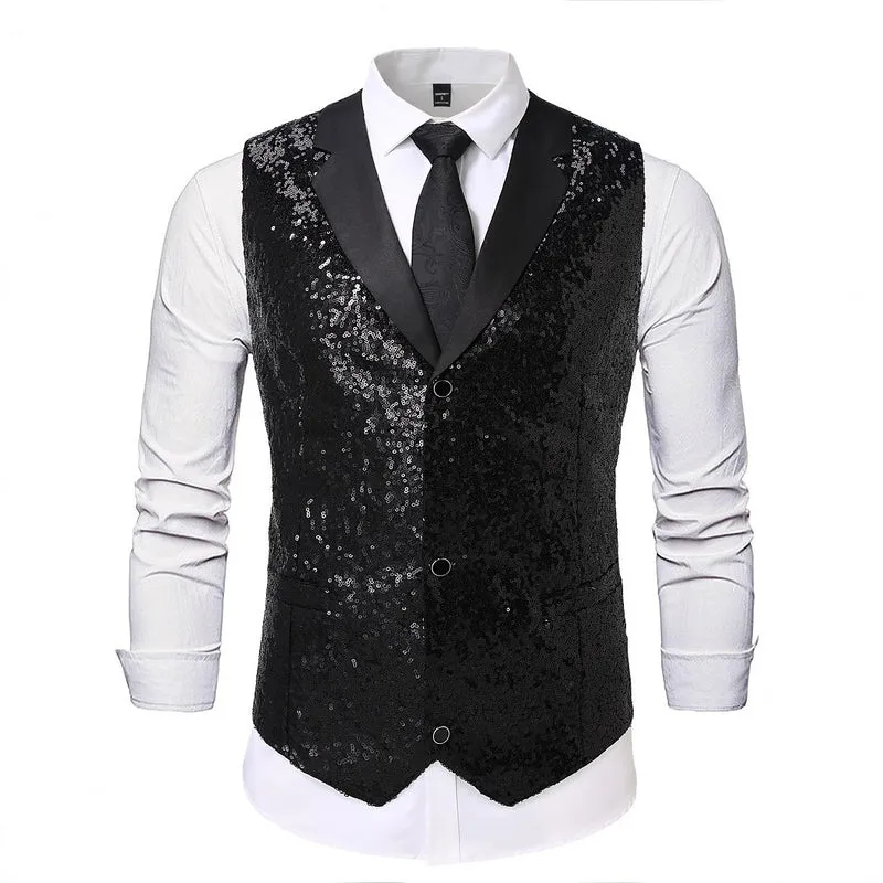 Herren Glänzende Pailletten‑Weste mit Satin‑Revers und taillierter Silhouette Drune