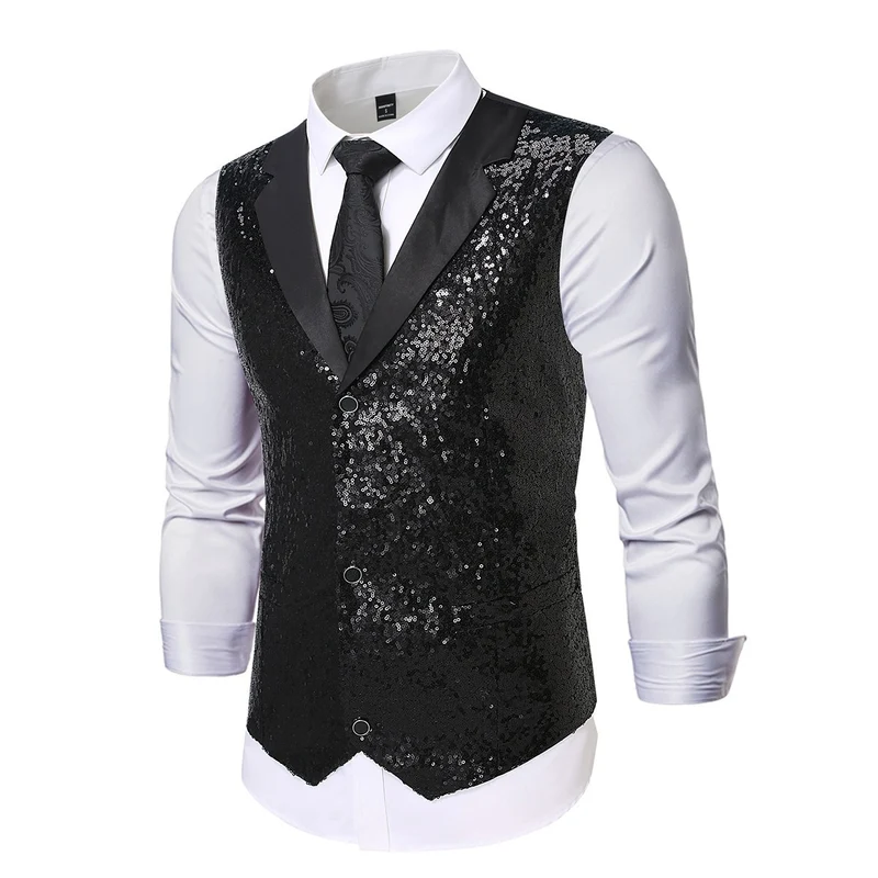 Herren Glänzende Pailletten‑Weste mit Satin‑Revers und taillierter Silhouette Drune