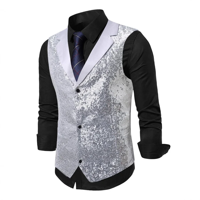 Herren Glänzende Pailletten‑Weste mit Satin‑Revers und taillierter Silhouette Drune