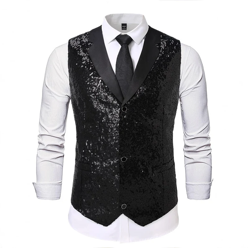 Herren Glänzende Pailletten‑Weste mit Satin‑Revers und taillierter Silhouette Drune