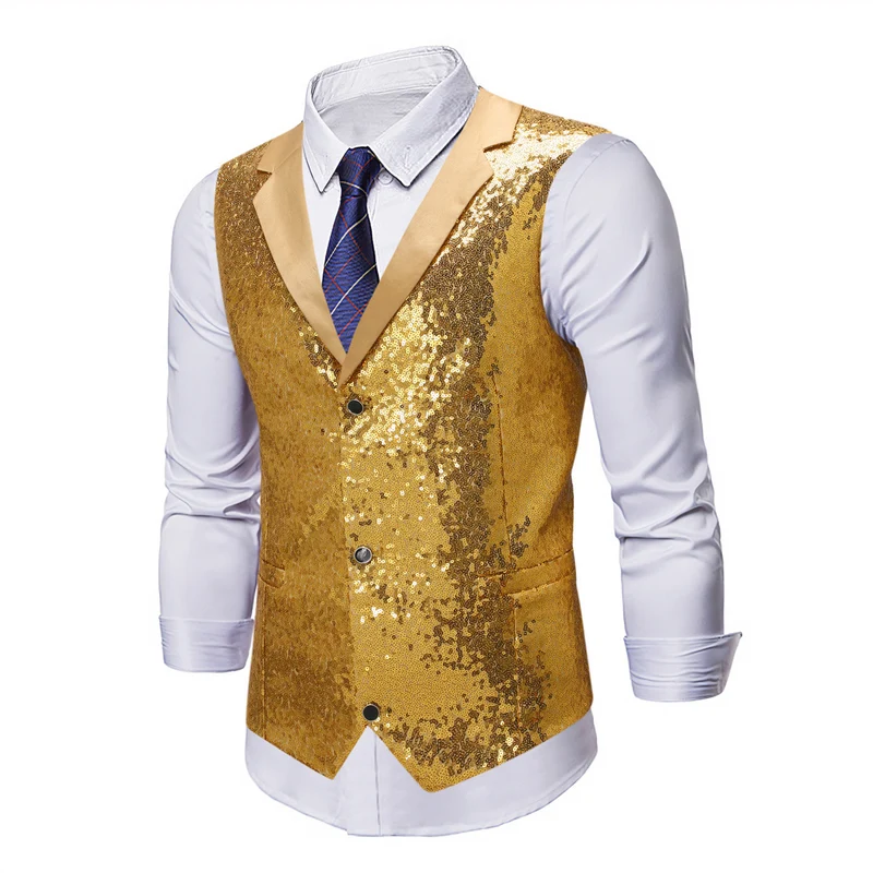 Herren Glänzende Pailletten‑Weste mit Satin‑Revers und taillierter Silhouette Drune