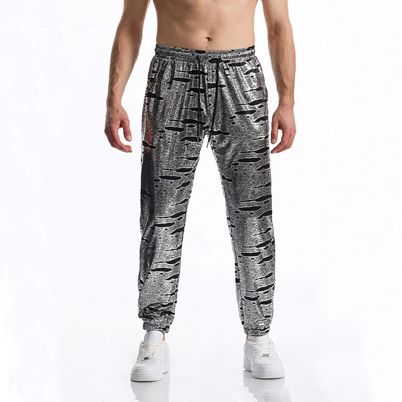 Herren Glänzende Jogginghose mit Tunnelzug, schmal zulaufendem Bein und abstraktem Print Drune