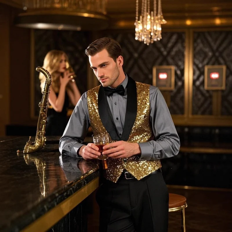 Herren Glamourweste mit Pailletten, Schalkragen und tailliertem Schnitt Drune
