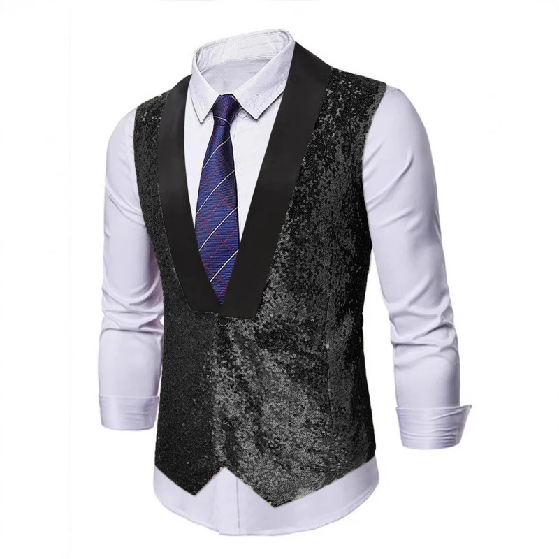 Herren Glamourweste mit Pailletten, Schalkragen und tailliertem Schnitt Drune