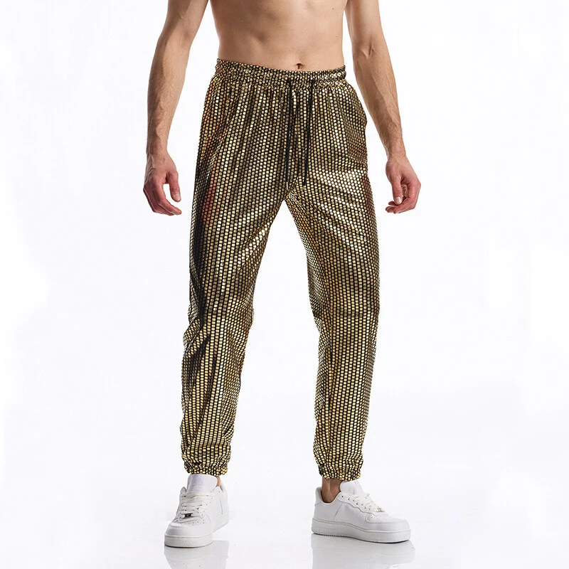 Herren Glamouröse Jogginghose mit Metallic‑Karo, elastischem Bund und schmaler Silhouette Drune