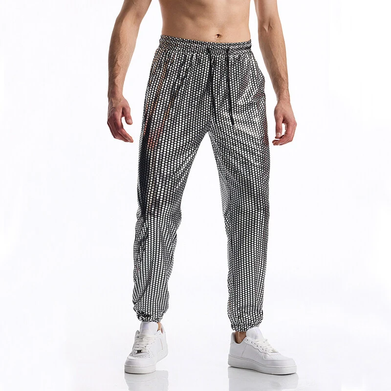 Herren Glamouröse Jogginghose mit Metallic‑Karo, elastischem Bund und schmaler Silhouette Drune