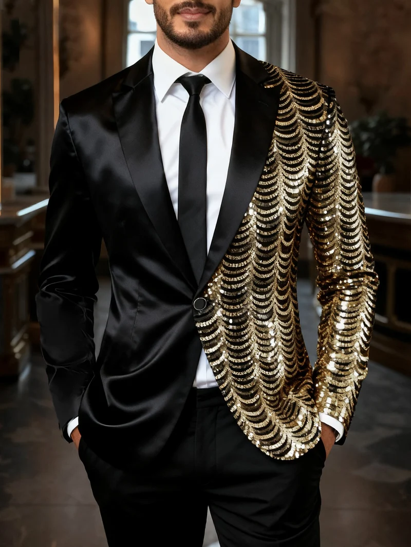 Herren Glamour-Smoking-Sakko mit halbseitigem Paillettenbesatz und Satinrevers Drune