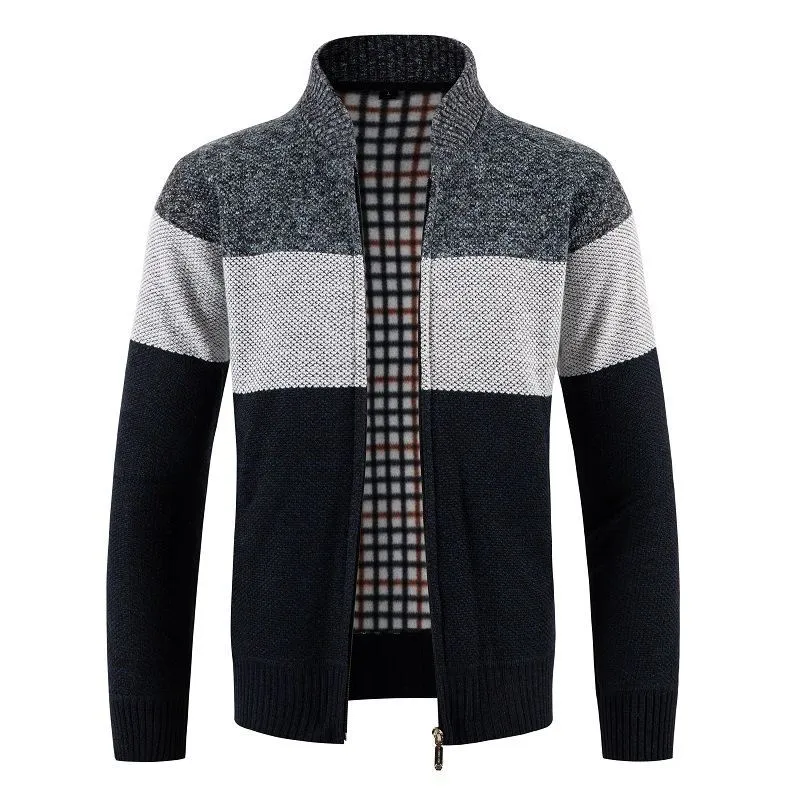 Herren Gestrickte Zip-Strickjacke mit Stehkragen und kariert gefütterter Innenlage Drune
