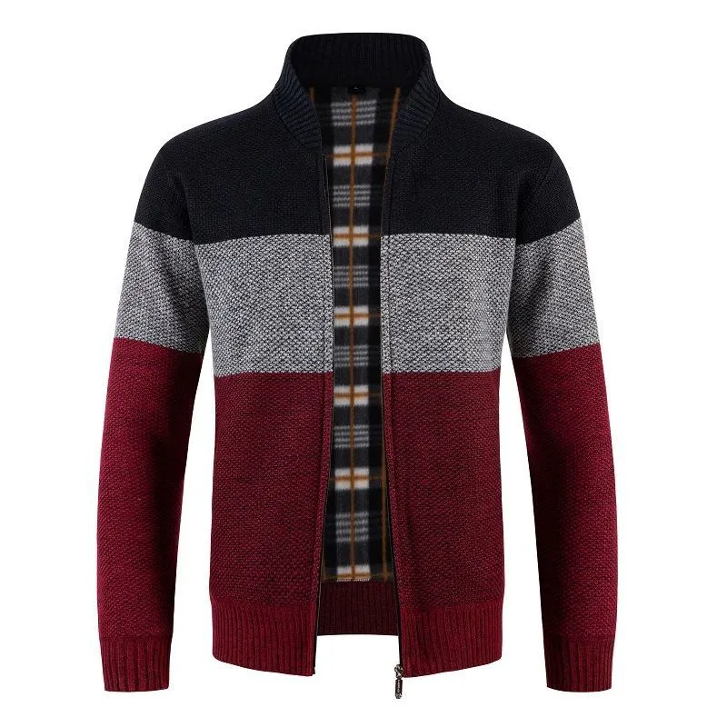 Herren Gestrickte Zip-Strickjacke mit Stehkragen und kariert gefütterter Innenlage Drune