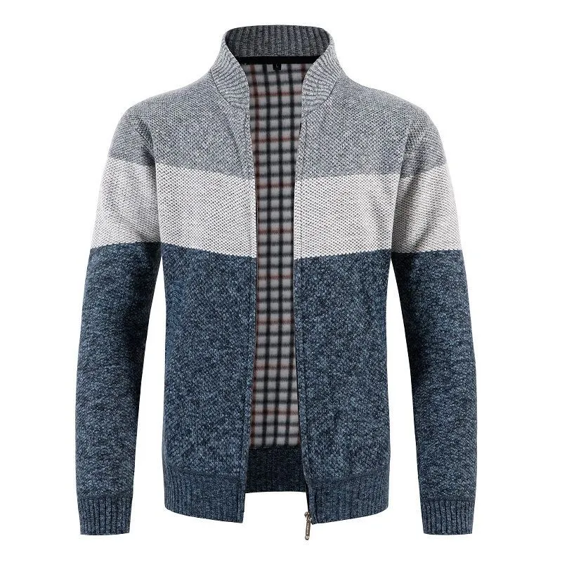 Herren Gestrickte Zip-Strickjacke mit Stehkragen und kariert gefütterter Innenlage Drune