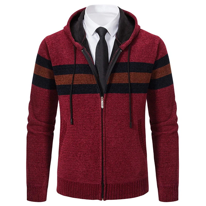Herren Gestrickte Kapuzen-Strickjacke mit Kontraststreifen und Reißverschluss Drune