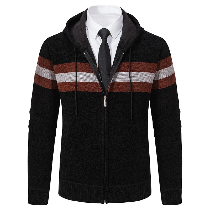 Herren Gestrickte Kapuzen-Strickjacke mit Kontraststreifen und Reißverschluss Drune