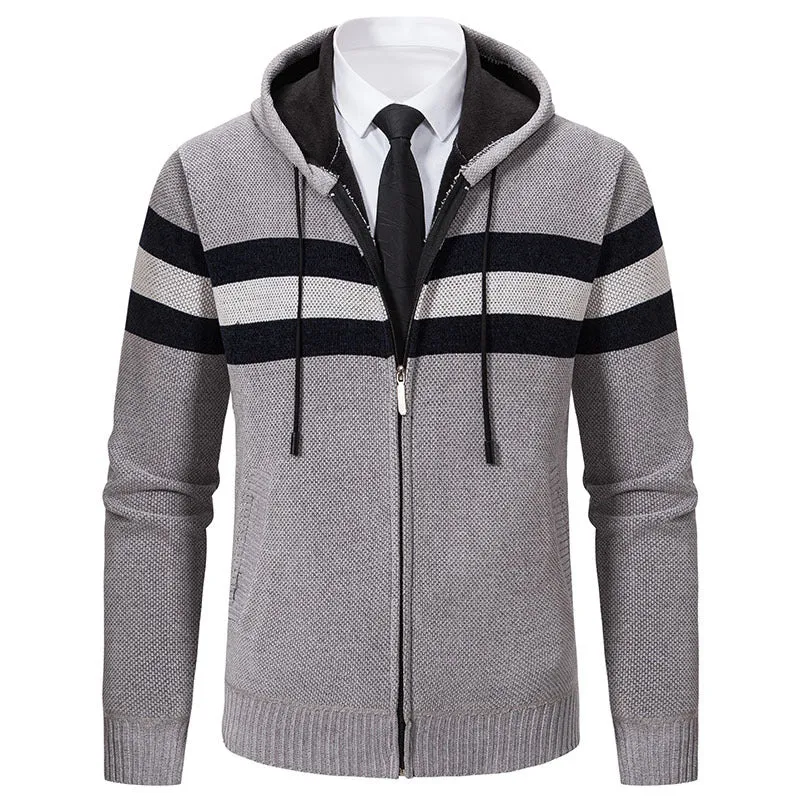 Herren Gestrickte Kapuzen-Strickjacke mit Kontraststreifen und Reißverschluss Drune