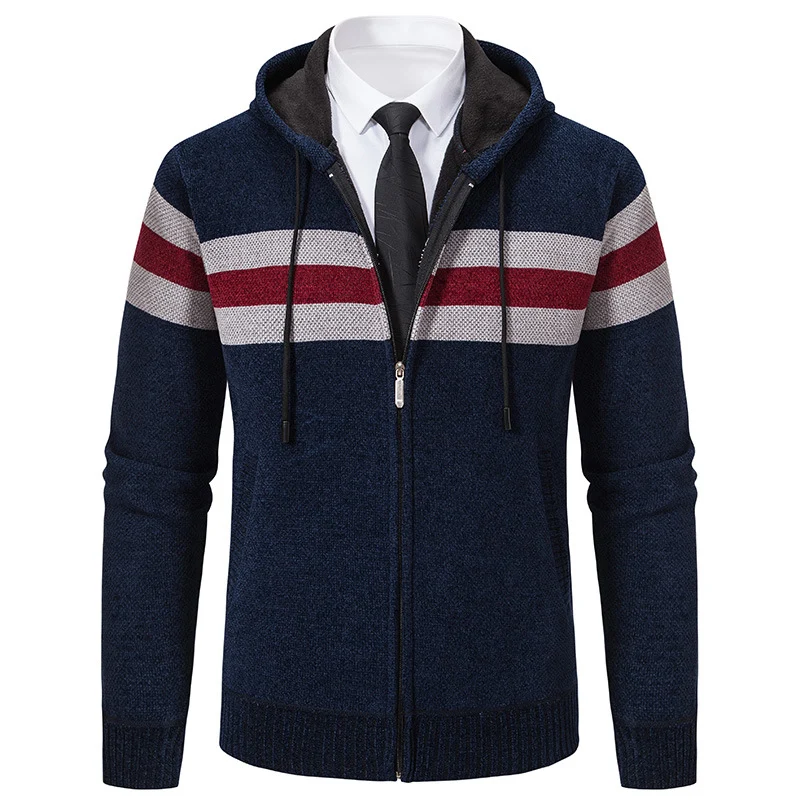 Herren Gestrickte Kapuzen-Strickjacke mit Kontraststreifen und Reißverschluss Drune