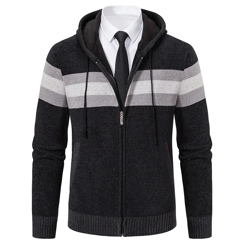 Herren Gestrickte Kapuzen-Strickjacke mit Kontraststreifen und Reißverschluss Drune
