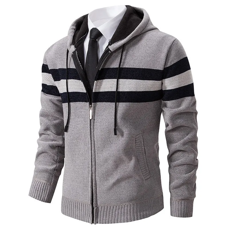 Herren Gestrickte Kapuzen-Strickjacke mit Kontraststreifen und Reißverschluss Drune