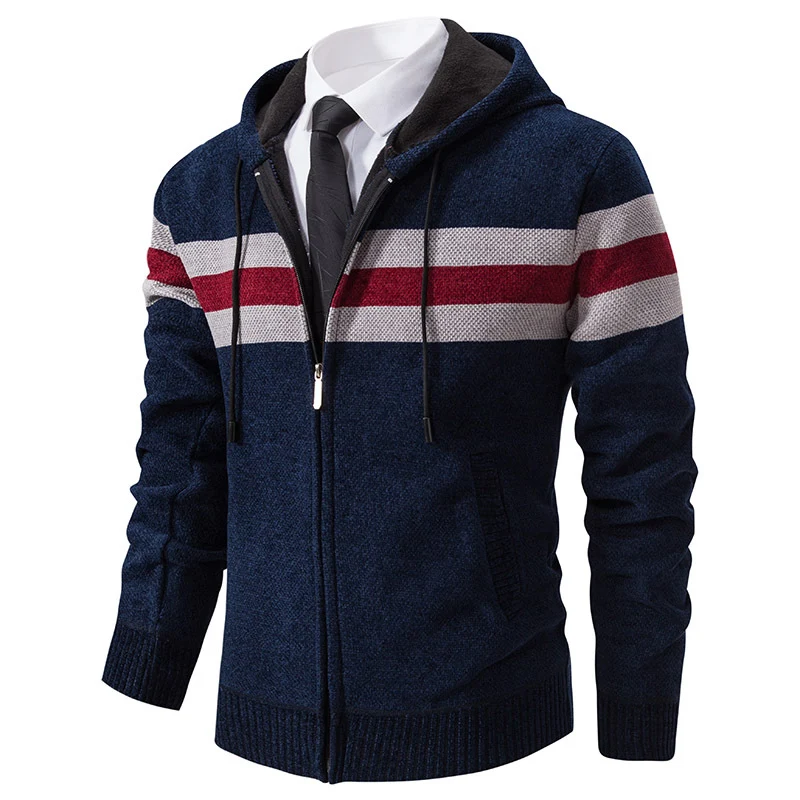 Herren Gestrickte Kapuzen-Strickjacke mit Kontraststreifen und Reißverschluss Drune