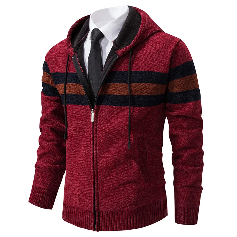 Herren Gestrickte Kapuzen-Strickjacke mit Kontraststreifen und Reißverschluss Drune