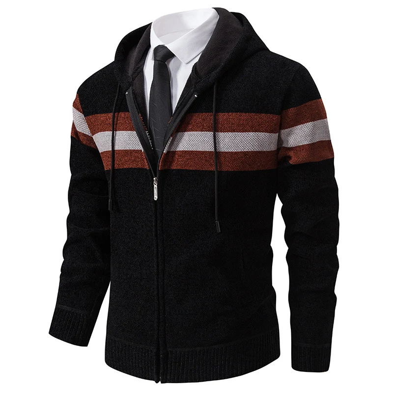 Herren Gestrickte Kapuzen-Strickjacke mit Kontraststreifen und Reißverschluss Drune