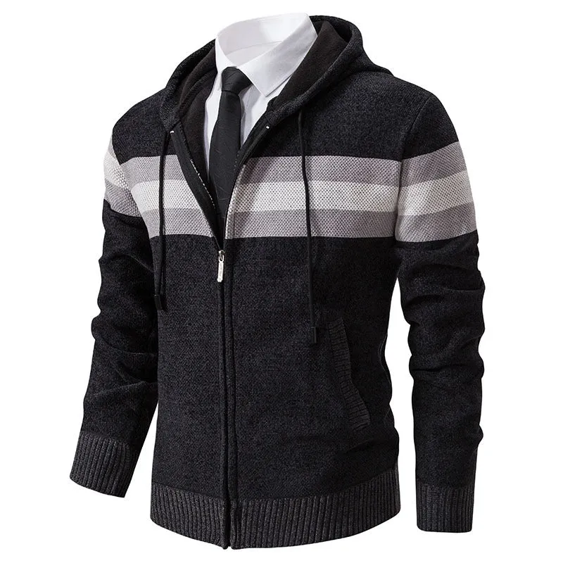 Herren Gestrickte Kapuzen-Strickjacke mit Kontraststreifen und Reißverschluss Drune