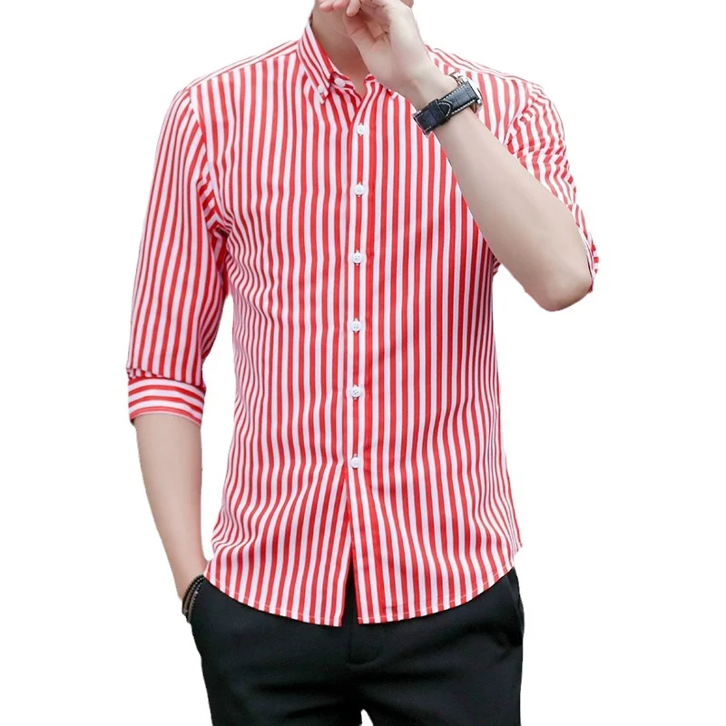 Herren Gestreiftes Button-Down-Hemd mit Kentkragen und Dreiviertelärmeln in tailliertem Casual-Schnitt Drune