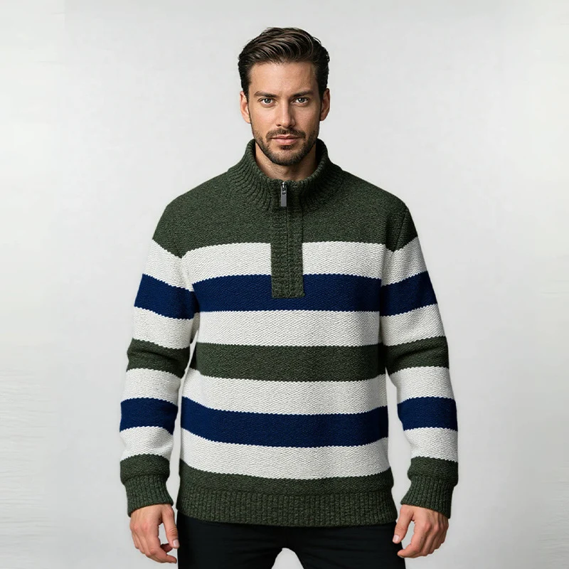 Herren Gestreifter Halbzip-Strickpullover mit Stehkragen und robuster Struktur Drune
