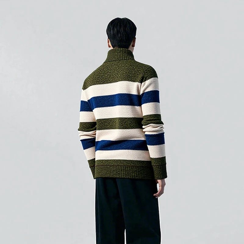 Herren Gestreifter Halbzip-Strickpullover mit Stehkragen und robuster Struktur Drune