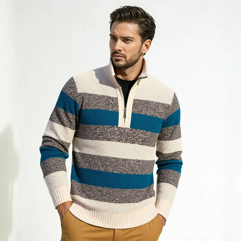 Herren Gestreifter Halbzip-Strickpullover mit Stehkragen und robuster Struktur Drune