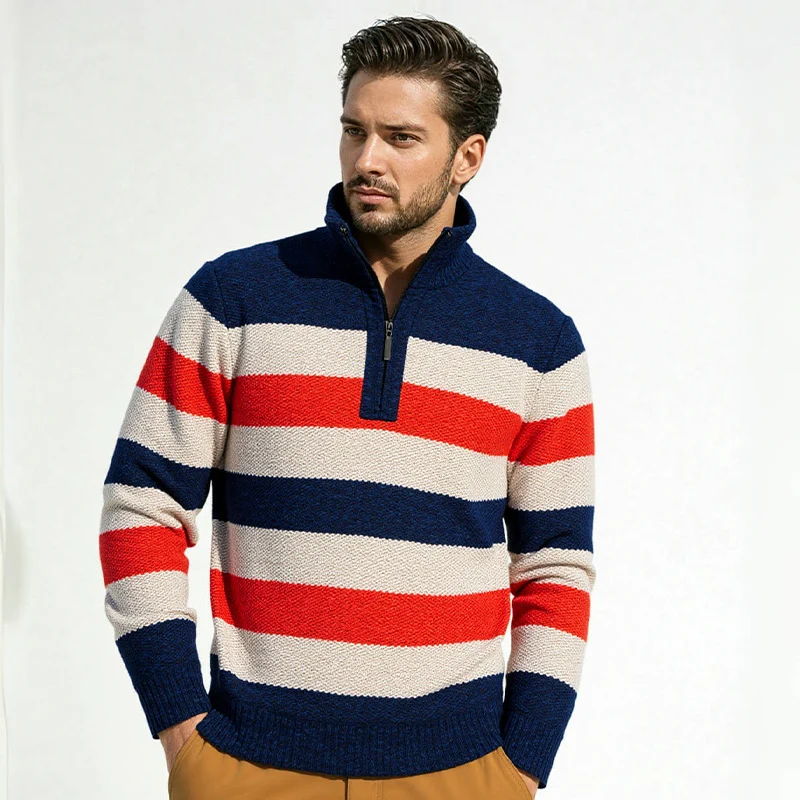 Herren Gestreifter Halbzip-Strickpullover mit Stehkragen und robuster Struktur Drune