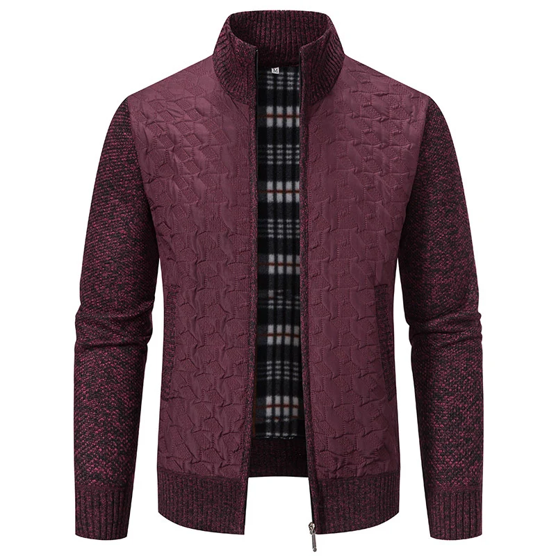 Herren gesteppte Strick‑Hybridjacke mit Stehkragen, durchgehendem Reißverschluss und kariertem Futter Drune