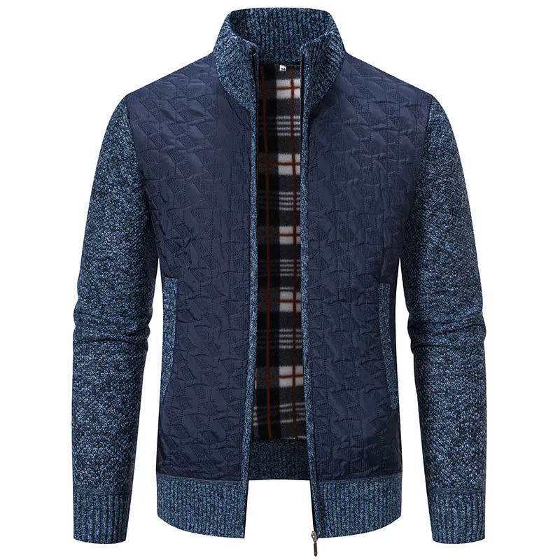 Herren gesteppte Strick‑Hybridjacke mit Stehkragen, durchgehendem Reißverschluss und kariertem Futter Drune