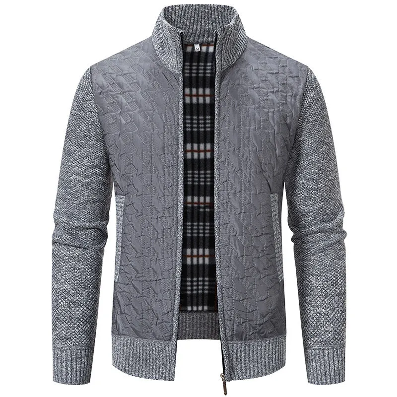 Herren gesteppte Strick‑Hybridjacke mit Stehkragen, durchgehendem Reißverschluss und kariertem Futter Drune