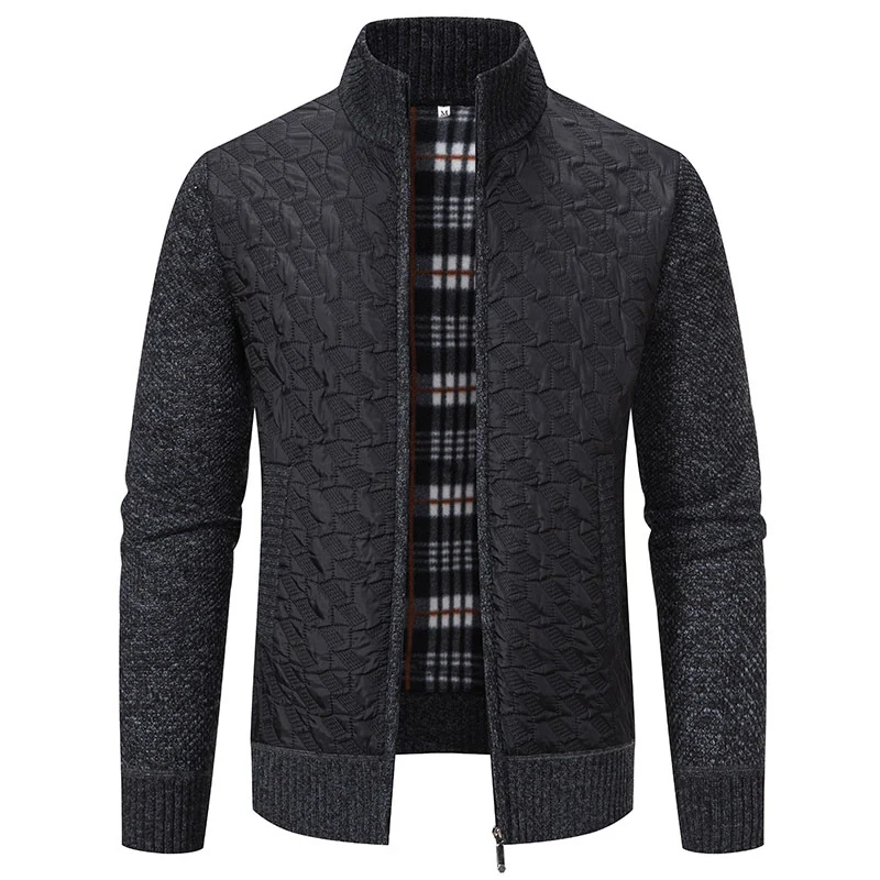 Herren gesteppte Strick‑Hybridjacke mit Stehkragen, durchgehendem Reißverschluss und kariertem Futter Drune