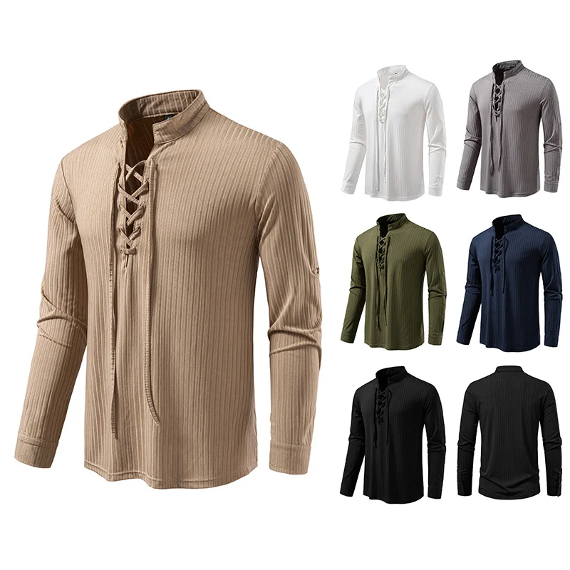 Herren Geripptes Langarm-Henleyshirt mit Schnürung und Stehkragen Drune