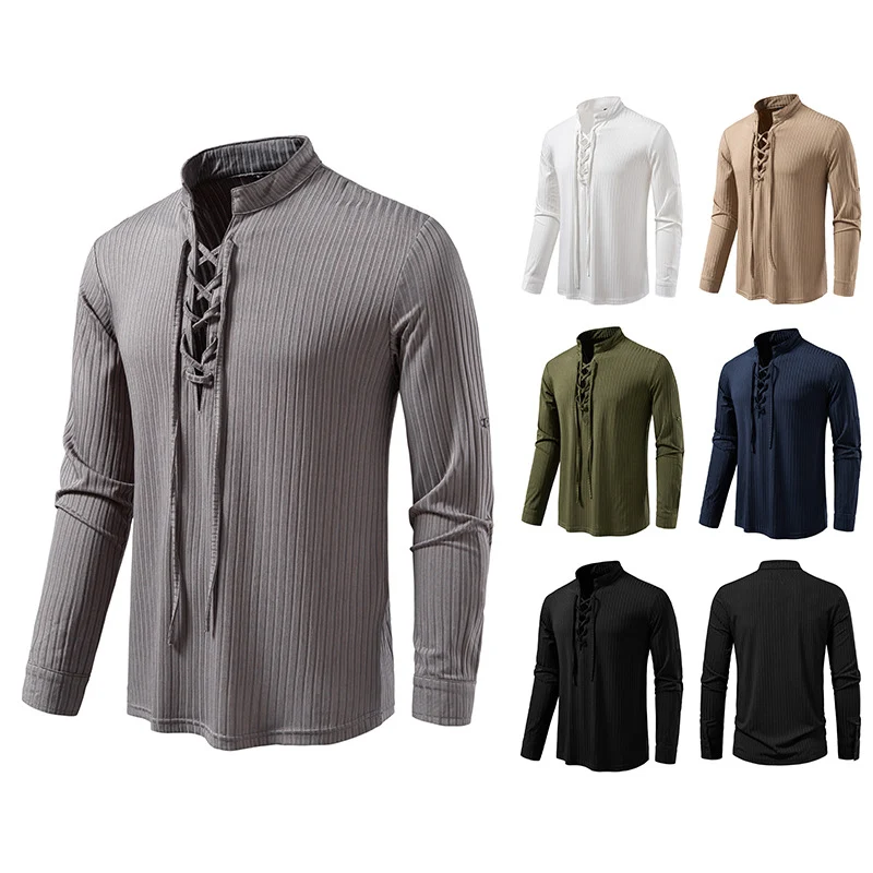 Herren Geripptes Langarm-Henleyshirt mit Schnürung und Stehkragen Drune