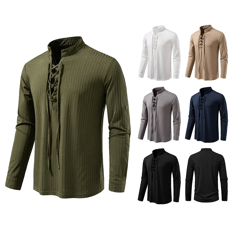 Herren Geripptes Langarm-Henleyshirt mit Schnürung und Stehkragen Drune