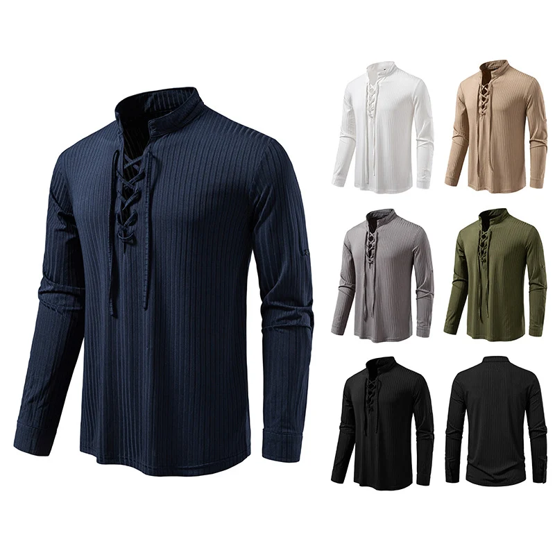 Herren Geripptes Langarm-Henleyshirt mit Schnürung und Stehkragen Drune