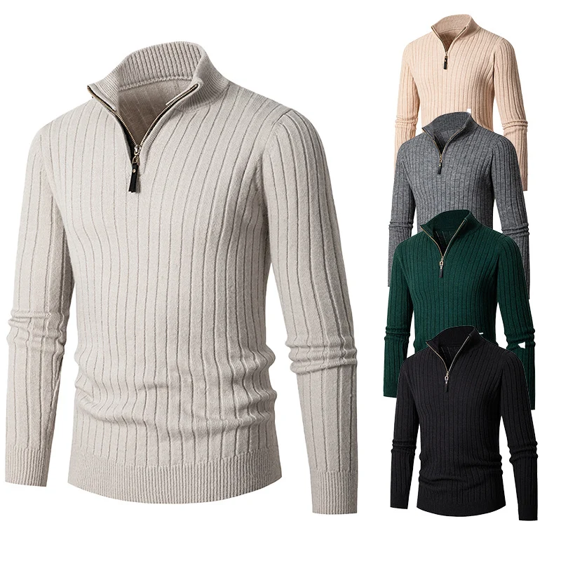 Herren Gerippter Feinstrick-Halbzip-Pullover mit hohem Kragen und Reißverschluss Drune