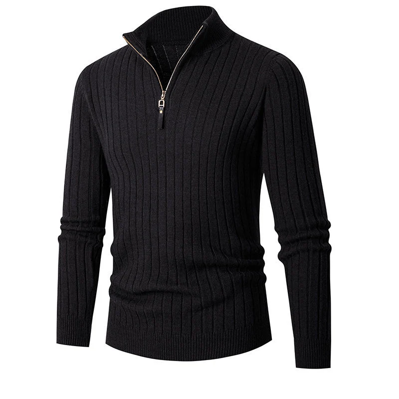 Herren Gerippter Feinstrick-Halbzip-Pullover mit hohem Kragen und Reißverschluss Drune