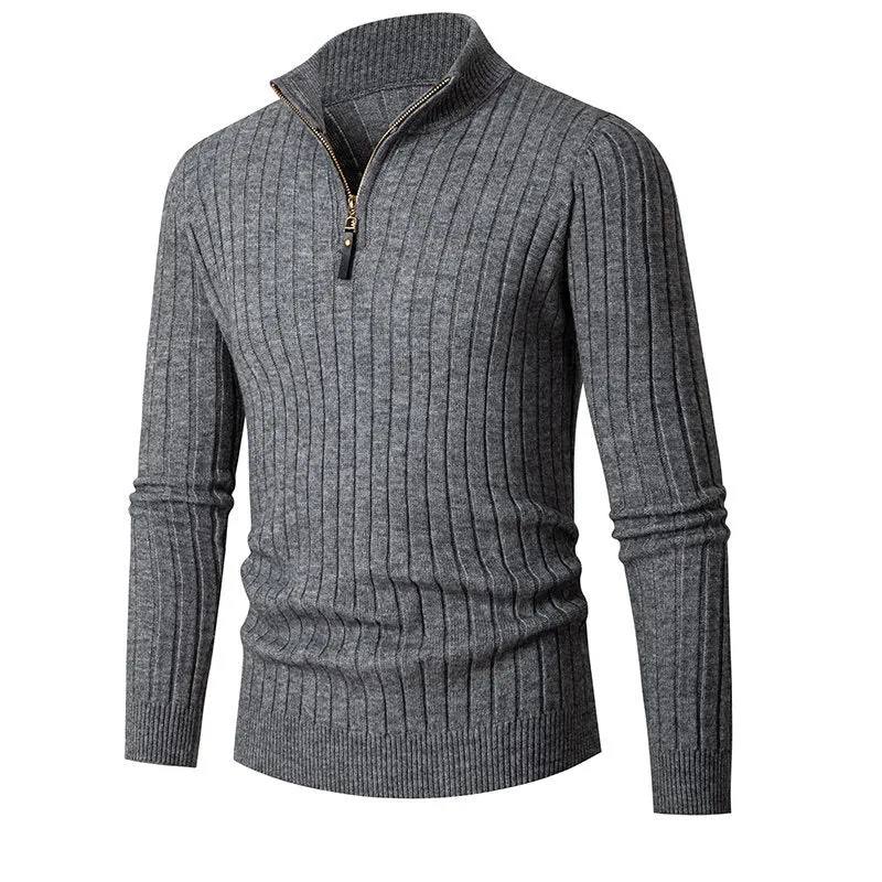 Herren Gerippter Feinstrick-Halbzip-Pullover mit hohem Kragen und Reißverschluss Drune