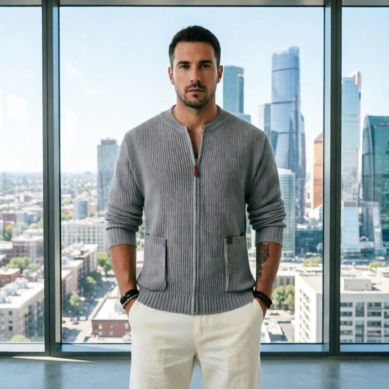 Herren Gerippte Strickjacke mit Frontreißverschluss und aufgesetzten Taschen Drune