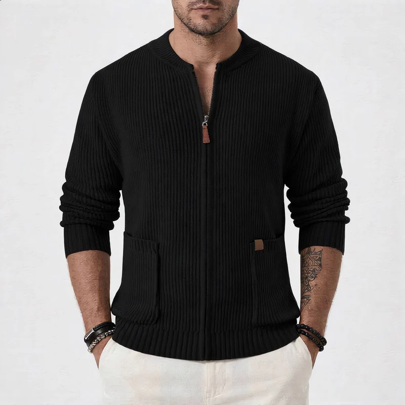 Herren Gerippte Strickjacke mit Frontreißverschluss und aufgesetzten Taschen Drune