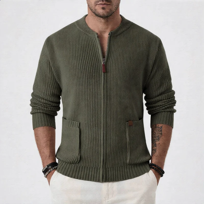 Herren Gerippte Strickjacke mit Frontreißverschluss und aufgesetzten Taschen Drune