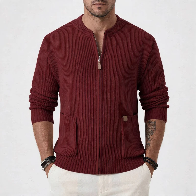 Herren Gerippte Strickjacke mit Frontreißverschluss und aufgesetzten Taschen Drune