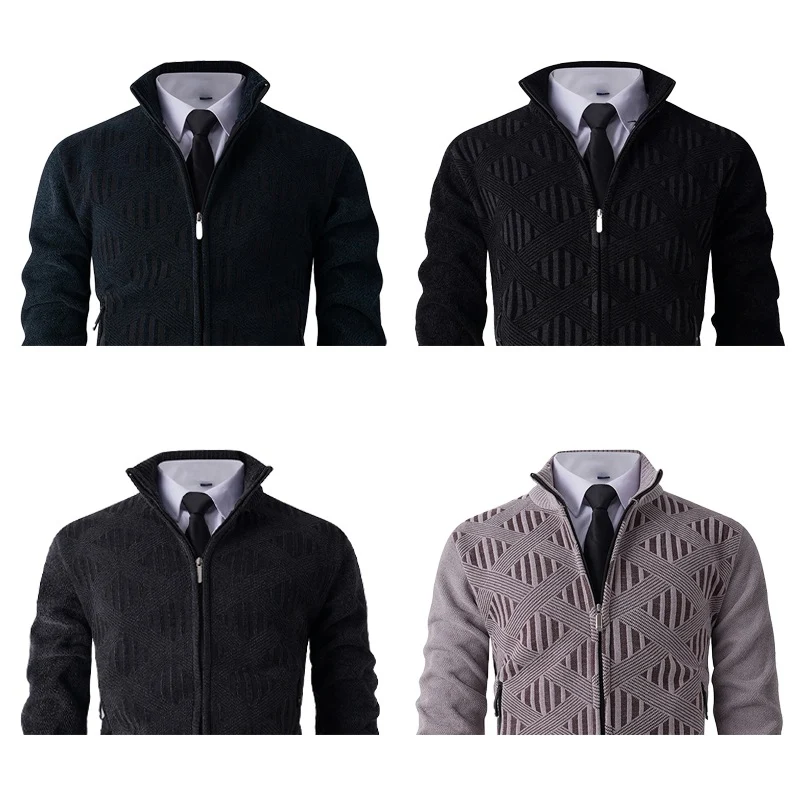 Herren Geometrischer Jacquard-Zipcardigan mit Stehkragen und Reißverschlusstaschen Drune