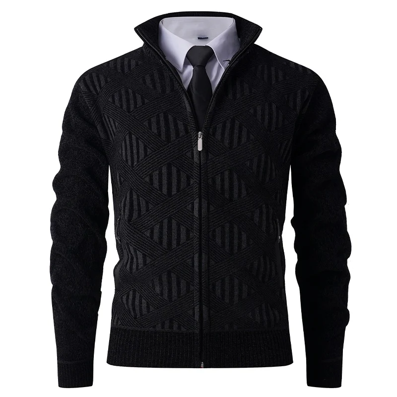 Herren Geometrischer Jacquard-Zipcardigan mit Stehkragen und Reißverschlusstaschen Drune